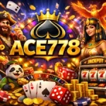 ACE778 game is online casino, interface showing slots, deposit, withdraw options and jackpot rewards