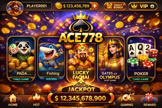 ACE778 online casino game interface showing slots, deposit, withdraw options and jackpot rewards